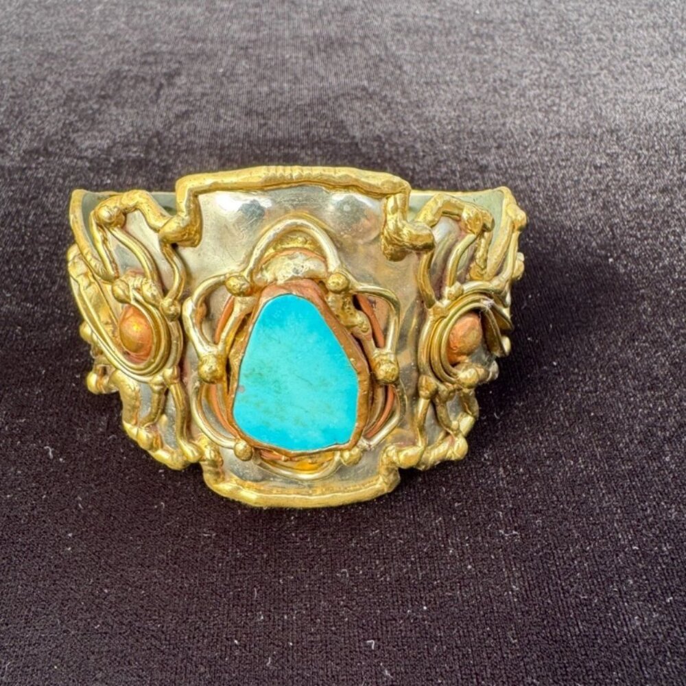 Vintage Turquoise Brutalist Mixed Metal Cuff Bracelet Copper Bronze Silver Tone